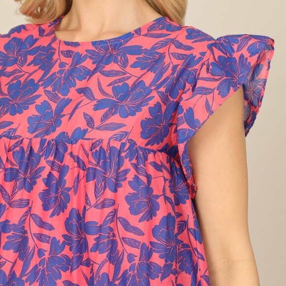 Flutter Sleeve Tiered Cotton Mini Dress Floral Print - Picture 6 of 13